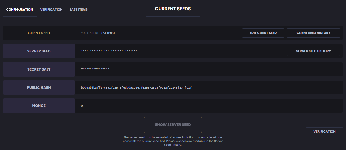 KeyDrop Provably Fair interface